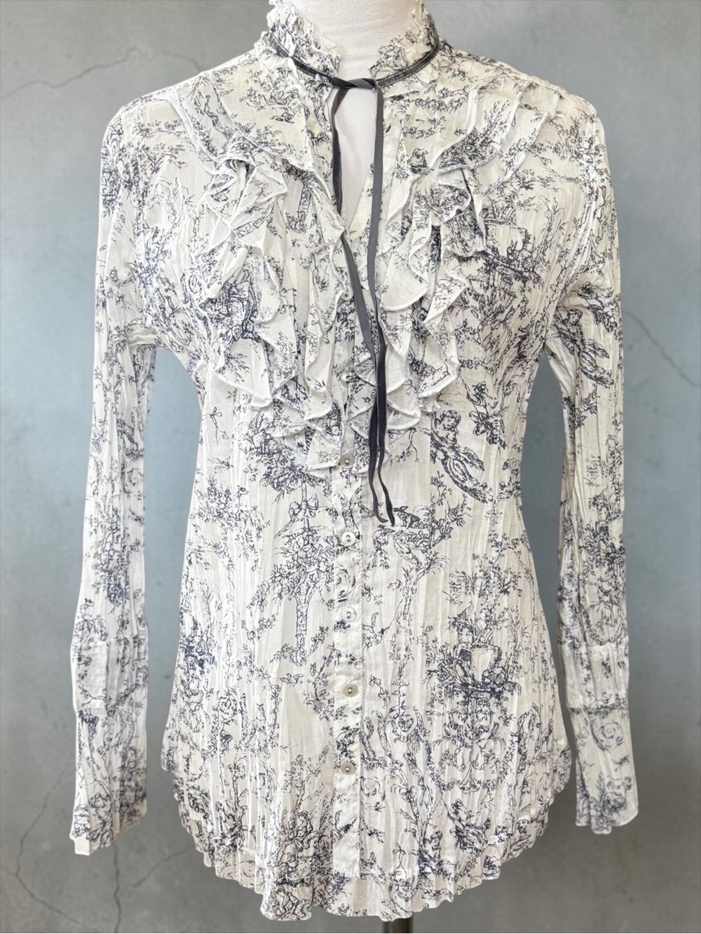 CINO x SUNDANCE Women's Vintage Toile Crinkle Ruffle Blouse - Like New!  (M)